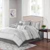 Madison Park Luxury Comforter Set-Traditional Jacquard Design All Season Down Alternative Bedding, Matching Bedskirt, Decorative Pillows, Queen(90″x90″), Ava, Pieced Taupe 7 Piece(Geometric Grey)