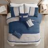 Madison Park Palisades Comforter Set Modern Faux Suede Pieced Stripe Design, All Season Down Alternative Cozy Bedding with Matching Shams, Decorative Pillows, King(104″x92″), Black 7 Piece(Blue 7pcs)