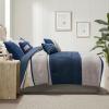 Madison Park Palisades Comforter Set Modern Faux Suede Pieced Stripe Design, All Season Down Alternative Cozy Bedding with Matching Shams, Decorative Pillows, King(104″x92″), Black 7 Piece(Blue 7pcs)