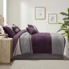 Madison Park Palisades Comforter Set Modern Faux Suede Pieced Stripe Design, All Season Down Alternative Cozy Bedding with Matching Shams, Decorative Pillows, King(104″x92″), Black 7 Piece(Purple 7pcs)