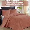 Madison Park Quebec Quilt Set – Luxurious Damask Stitching Design, Cotton Filled Lightweight Coverlet Bedspread Bedding, Shams, Full/Queen(90″x90″), Cream 3 Piece(Clay Red)