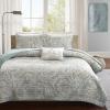 Madison Park Quilt Traditional Damask Design All Season, Lightweight Coverlet Bedspread Bedding Set, Matching Shams, Pillows, Full/Queen(90″x90″), Navy/White 6 Piece(Blue)