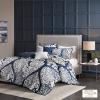 Madison Park Vienna Cotton Poly Blend Duvet Set – Classic Traditional Design, Cozy All Season Comforter Cover, Matching Shams, Decorative Pillows Vienna, Full/Queen(90″x90″), Indigo 6 Piece(Indigo/White)