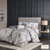 Madison Park Vienna Cotton Poly Blend Duvet Set – Classic Traditional Design, Cozy All Season Comforter Cover, Matching Shams, Decorative Pillows Vienna, Full/Queen(90″x90″), Indigo 6 Piece(Grey/White)