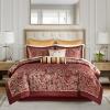 Madison Park Aubrey Cozy Comforter Set, Faux Silk Jacquard Paisley Design – All Season Down Alternative Bedding with Cotton Bed Sheets, Bed Skirt & Toss Pillows, King Navy 12 Piece(Red Biab 12pcs)