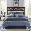 Madison Park Cozy Comforter Set Casual Blocks Design All Season, Matching Bed Skirt, Decorative Pillows, Queen(90″x90″), Red Brown, 7 Piece(Collins Blue/Grey)