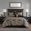 Madison Park King Comforter Set Damask Medallion Jacquard Comforter, Overfilled All Season Bed Set, Bed Skirt, Shams, Decor Pillows, Odette, King(104 in x 92 in), Black 8 Piece(Black/Gold)