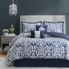 Madison Park Lavine Cozy Bed in a Bag Comforter Set, Traditional Luxe Jacquard Design All Season Down Alternative Bedding with Cotton Bed Sheets, Bed Skirt & Pillows, Queen Blue 12 Piece(Navy Comforter 6pcs)