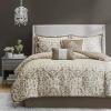 Madison Park Lavine Cozy Bed in a Bag Comforter Set, Traditional Luxe Jacquard Design All Season Down Alternative Bedding with Cotton Bed Sheets, Bed Skirt & Pillows, Queen Blue 12 Piece(Tan Comforter 6pcs)
