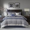 Madison Park Luxury Comforter Set-Traditional Jacquard Design All Season Down Alternative Bedding, Matching Bedskirt, Decorative Pillows, Queen(90″x90″), Ava, Pieced Taupe 7 Piece(Striped Navy)