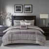 Madison Park Luxury Comforter Set-Traditional Jacquard Design All Season Down Alternative Bedding, Matching Bedskirt, Decorative Pillows, Queen(90″x90″), Ava, Pieced Taupe 7 Piece(Striped Purple)