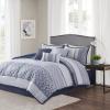 Madison Park Luxury Comforter Set-Traditional Jacquard Design All Season Down Alternative Bedding, Matching Bedskirt, Decorative Pillows, Queen(90″x90″), Ava, Pieced Taupe 7 Piece(Geometric Navy)