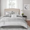 Madison Park Luxury Comforter Set-Traditional Jacquard Design All Season Down Alternative Bedding, Matching Bedskirt, Decorative Pillows, Queen(90″x90″), Ava, Pieced Taupe 7 Piece(Geometric Grey)