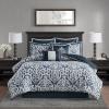 Madison Park Odette Cozy Comforter Set Jacquard Damask Medallion Design – Modern All Season, Down Alternative Bedding, Shams, Decorative Pillows, King(104 in x 92 in), Silver 8 Piece(Navy/Grey)