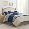 Madison Park Palisades Comforter Set Modern Faux Suede Pieced Stripe Design, All Season Down Alternative Cozy Bedding with Matching Shams, Decorative Pillows, King(104″x92″), Black 7 Piece(Blue 7pcs)