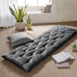 Intelligent Design Edelia Foldable Poly Chenille Light Weight Lounge Floor Pillow Cushion Tufted Seat for Meditation, Game Playing, Yoga, Reading with Travel Wrap, 74×27, Ivory(Charcoal)