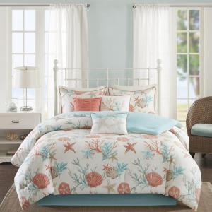 Madison Park 100% Cotton Comforter Set – Coastal Coral, Starfish Design All Season Down Alternative Cozy Bedding with Matching Shams, Decorative Pillow, Queen(90″x90″), Blue, Cape Cod Navy 7pcs(Teal)