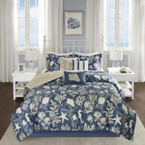 Madison Park 100% Cotton Comforter Set – Coastal Coral, Starfish Design All Season Down Alternative Cozy Bedding with Matching Shams, Decorative Pillow, Queen(90″x90″), Blue, Cape Cod Navy 7pcs(Cape Cod Navy 7pcs)