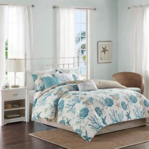 Madison Park 100% Cotton Comforter Set – Coastal Coral, Starfish Design All Season Down Alternative Cozy Bedding with Matching Shams, Decorative Pillow, Queen(90″x90″), Blue, Cape Cod Navy 7pcs(Aqua)