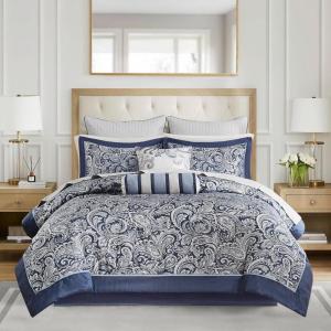 Madison Park Aubrey Cozy Comforter Set, Faux Silk Jacquard Paisley Design – All Season Down Alternative Bedding with Cotton Bed Sheets, Bed Skirt & Toss Pillows, King Navy 12 Piece(Navy Biab 12pcs)