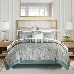 Madison Park Aubrey Cozy Comforter Set, Faux Silk Jacquard Paisley Design – All Season Down Alternative Bedding with Cotton Bed Sheets, Bed Skirt & Toss Pillows, King Navy 12 Piece(Teal Biab 12pcs)