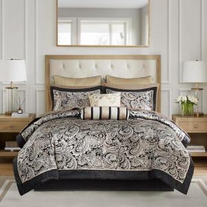 Madison Park Aubrey Cozy Comforter Set, Faux Silk Jacquard Paisley Design – All Season Down Alternative Bedding with Cotton Bed Sheets, Bed Skirt & Toss Pillows, King Navy 12 Piece(Black Biab 12pcs)