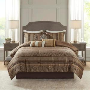 Madison Park Bellagio Cozy Comforter Set – Luxurious Jaquard Traditional Damask Design, All Season Down Alternative Bedding with Matching Shams, Decorative Pillow, Queen(90″x90″), Brown/Gold 7 Piece(Bellagio Brown/Gold)