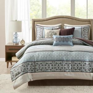 Madison Park Bellagio Cozy Comforter Set – Luxurious Jaquard Traditional Damask Design, All Season Down Alternative Bedding with Matching Shams, Decorative Pillow, Queen(90″x90″), Brown/Gold 7 Piece(Princeton Blue)