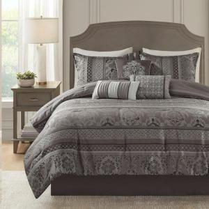 Madison Park Bellagio Cozy Comforter Set – Luxurious Jaquard Traditional Damask Design, All Season Down Alternative Bedding with Matching Shams, Decorative Pillow, Queen(90″x90″), Brown/Gold 7 Piece(Bellagio Grey)