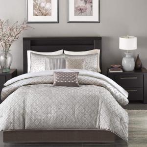 Madison Park Biloxi Jacquard Comforter Set – Modern Geometric Design, All Season Down Alternative Cozy Bedding with Matching, Shams, Decorative Pillow, Queen(90″x90″), Ombre Navy 7 Piece(Biloxi Silver)
