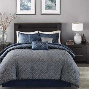 Madison Park Biloxi Jacquard Comforter Set – Modern Geometric Design, All Season Down Alternative Cozy Bedding with Matching, Shams, Decorative Pillow, Queen(90″x90″), Ombre Navy 7 Piece(Biloxi Navy)