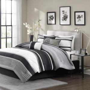 Madison Park Blaire Cozy Comforter Set-Luxurious Faux Silk Traditional Pieced Design All Season Down Alternative Bedding with Matching Shams, Decorative Pillow, Queen (90 in x 90 in),, Navy 7 Piece(Blaire Grey)