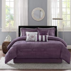 Madison Park Blaire Cozy Comforter Set-Luxurious Faux Silk Traditional Pieced Design All Season Down Alternative Bedding with Matching Shams, Decorative Pillow, Queen (90 in x 90 in),, Navy 7 Piece(Hampton Plum)