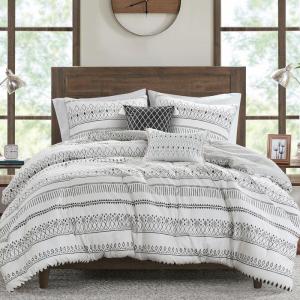 Madison Park Boho Comforter Set, Seersucker Southwestern Farmhouse Queen Size Comforters, Diamond Printed Reverse, All Season Microfiber Fluffy Bedding Set, Full/Queen, Taupe/Blue 5 Pieces(Ivory/Black)