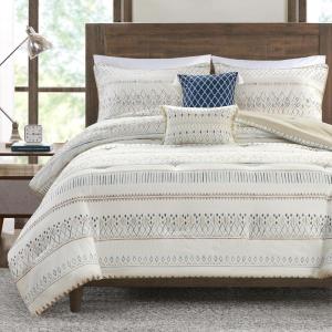 Madison Park Boho Comforter Set, Seersucker Southwestern Farmhouse Queen Size Comforters, Diamond Printed Reverse, All Season Microfiber Fluffy Bedding Set, Full/Queen, Taupe/Blue 5 Pieces(Taupe/Blue)