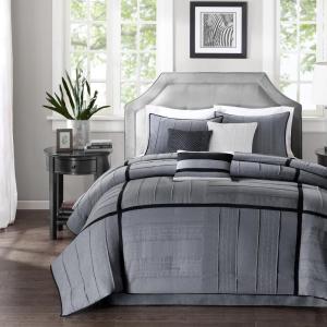 Madison Park Cozy Comforter Set Casual Blocks Design All Season, Matching Bed Skirt, Decorative Pillows, Queen(90″x90″), Red Brown, 7 Piece(Bridgeport Herringbone  Black Dark Grey)