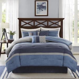 Madison Park Cozy Comforter Set Casual Blocks Design All Season, Matching Bed Skirt, Decorative Pillows, Queen(90″x90″), Red Brown, 7 Piece(Collins Blue/Grey)