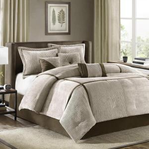 Madison Park Cozy Comforter Set Casual Blocks Design All Season, Matching Bed Skirt, Decorative Pillows, Queen(90″x90″), Red Brown, 7 Piece(Dallas Taupe/Brown)