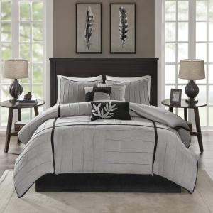 Madison Park Cozy Comforter Set Casual Blocks Design All Season, Matching Bed Skirt, Decorative Pillows, Queen(90″x90″), Red Brown, 7 Piece(Dune Black/Grey)