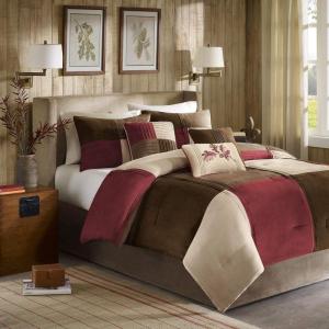 Madison Park Cozy Comforter Set Casual Blocks Design All Season, Matching Bed Skirt, Decorative Pillows, Queen(90″x90″), Red Brown, 7 Piece(Jackson Blocks Red/Brown)