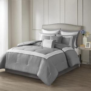 Madison Park Cozy Comforter Set-Deluxe Hotel Collection, All Season Down Alternative Luxury Bedding with Matching Shams, Decorative Pillows, Queen(90″x90″), Genevieve, Navy 7 Piece(Grey)