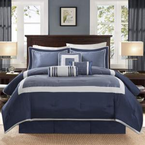 Madison Park Cozy Comforter Set-Deluxe Hotel Collection, All Season Down Alternative Luxury Bedding with Matching Shams, Decorative Pillows, Queen(90″x90″), Genevieve, Navy 7 Piece(Navy)
