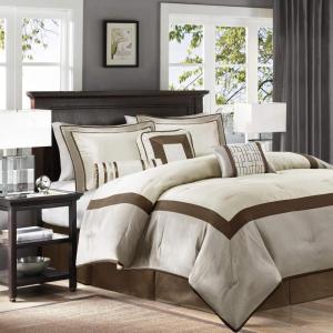 Madison Park Cozy Comforter Set-Deluxe Hotel Collection, All Season Down Alternative Luxury Bedding with Matching Shams, Decorative Pillows, Queen(90″x90″), Genevieve, Navy 7 Piece(Taupe/Brown)