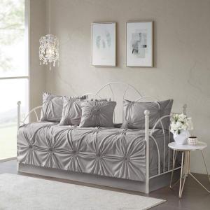 Madison Park Daybed Cover Set – Trendy Design, All Season Luxury Bedding with Bedskirt, Matching Shams, Decorative Pillow, Floral Medallion Quilted Blue 75″x39″ 6 Piece(Leila Dark Gray)