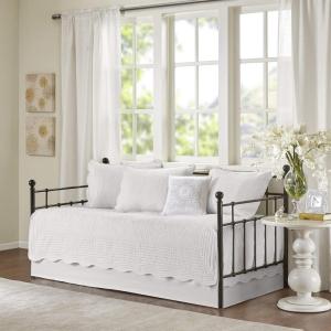 Madison Park Daybed Cover Set Damask Quilted Cover for Daybeds, All Season, Pre-washed Cotton-Filled Coastal Bedding with Scallop Edge, Shams, Bedskirt, Décor Pillows, Tuscany, Cream, 39″x75″, 6 Piece(White)