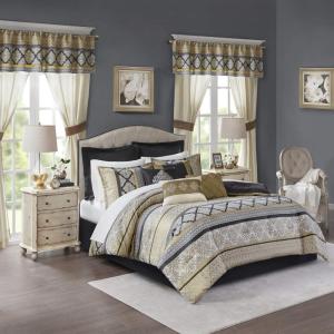 Madison Park Essentials Delaney 24-Piece Room In A Bag Comforter Set-Satin Jacquard, All Season Luxury Bedding, Sheets, decorative pillows and Curtains, Valance, King(104″x92″), Medallion Red(Black/Gold)
