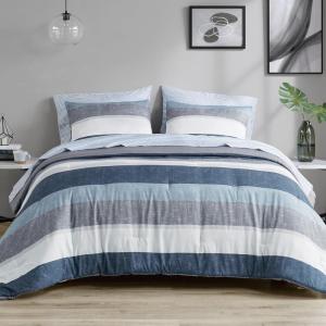 Madison Park Essentials Jaxon Bed in a Bag Comforter Set with Sheet, Printed Stripe Design, Modern All Season Bedding and Matching Sham, Queen Blue/Grey 7 Piece(Blue/Grey)