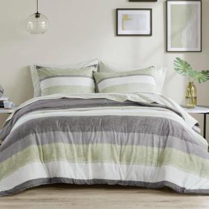 Madison Park Essentials Jaxon Bed in a Bag Comforter Set with Sheet, Printed Stripe Design, Modern All Season Bedding and Matching Sham, Queen Blue/Grey 7 Piece(Green/Grey)