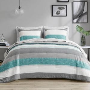 Madison Park Essentials Jaxon Bed in a Bag Comforter Set with Sheet, Printed Stripe Design, Modern All Season Bedding and Matching Sham, Queen Blue/Grey 7 Piece(Aqua/Grey)