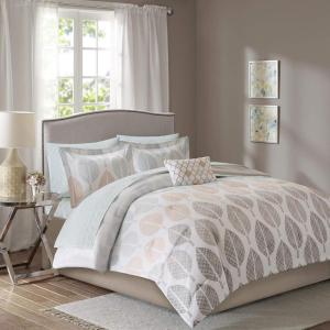 Madison Park Essentials Queen Comforter Set, Bed in a Bag Queen, Watercolor Print Coastal Comforter & Chambray Cotton Sheet Set, All Season Bedding Set, Saben, Taupe Queen (90 in x 90 in) 9 Piece(Leaf Coral/Green)